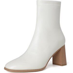 Women's White Chunky Block Heel Square Toe Side Zipper Short Booties